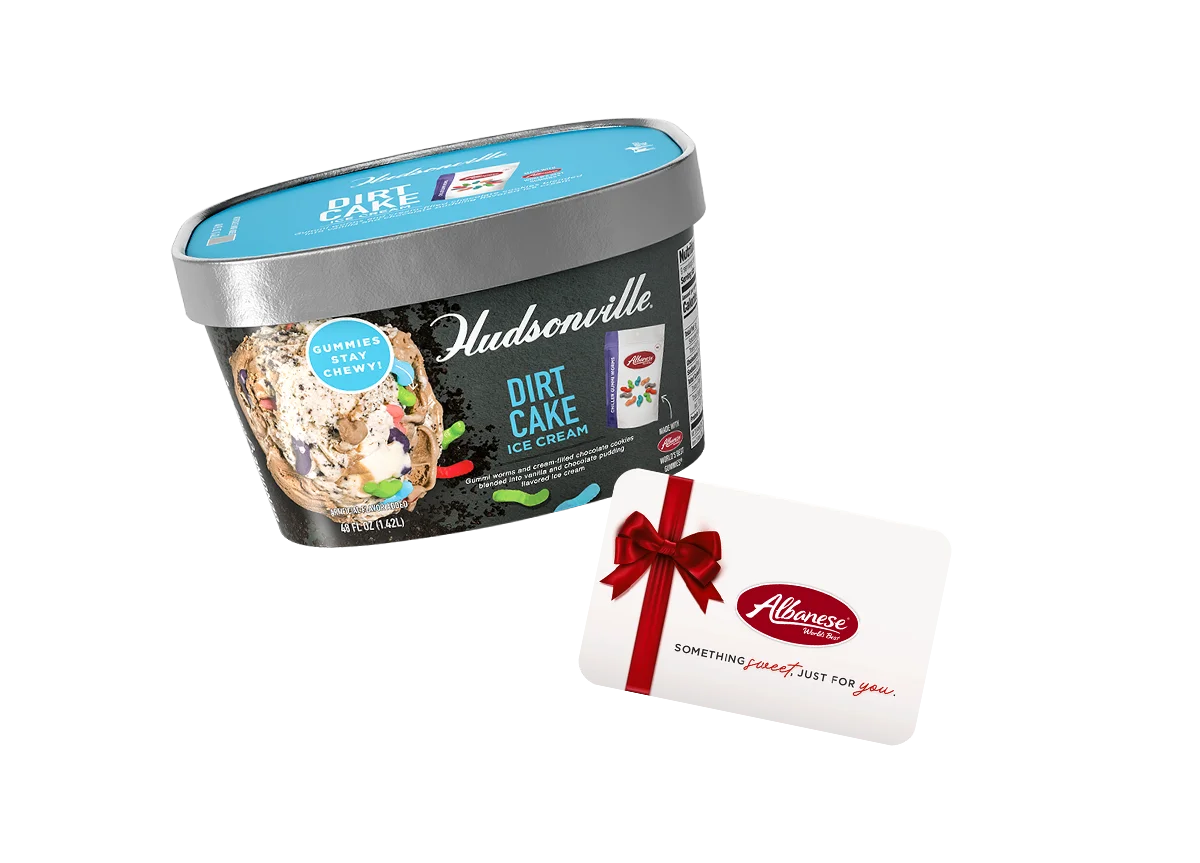 Hudsonville prize box with Dirt Cake ice cream, assorted flavors, and Albanese gift card