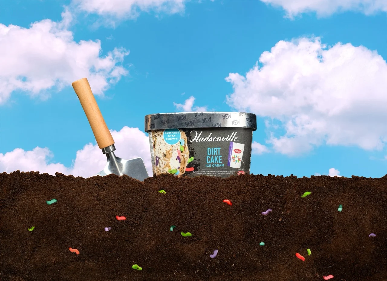 Hudsonville Dirt Cake Ice Cream with gummy worms in dirt